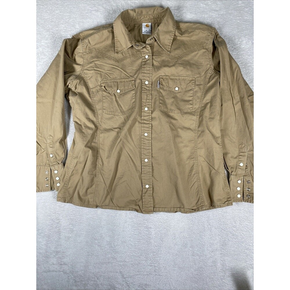 Carhartt Shirt Women's XL Brown Khaki Western Button Up Pearl Snap Cowgirl